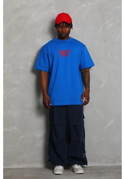 Erkek Baskılı Tişört Kısa Kol Bisiklet Yaka Oversize T-shirt - Mi Mavi