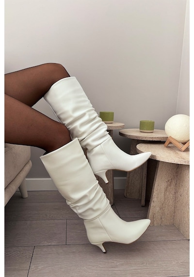Asmi Shoes Kadın Tima Beyaz 6 Cm Topuklu Körüklü Sivri Burun Çivi Topuk Çizme