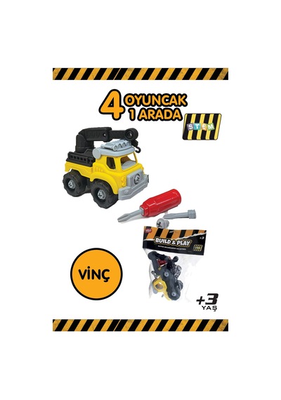Build & Play 4 Ü 1 Arada Sök Tak İş Makinesi Oyuncak Seti Kepçe Mikser Vinç Buldozer Stem +3 Yaş