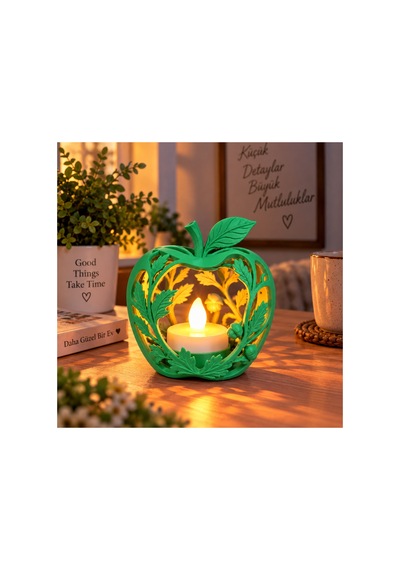 Elma Figürlü Dekoratif Mumluk Yaprak Desenli Tealight Mumluk, Dekoratif Led Mum Hediyeli - Yeşil Açık