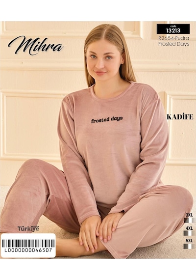 Mihra Kadın Kışlık Bisiklet Yaka Kadife Battal Pijama Takımı 132213p - 1 Adet Pudra