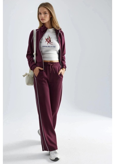 Fiolin Modal Dokulu Fermuarlı Sweatshirt & Pantolon İkili Takım Bordo