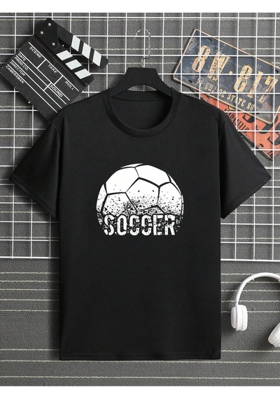 Soccer Ball T-shirt - Siyah Baskılı Oversize Bisiklet Yaka Kısa Kol Tişört Siyah