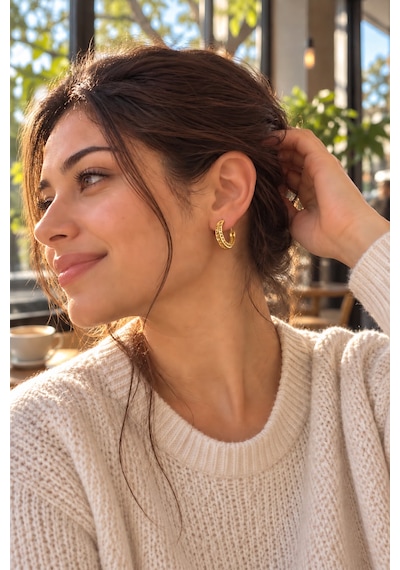 Kadın Çelik Küpe Çift Sıra Zincir Model Halka Küpe Modern Ve Şık Tasarım altın