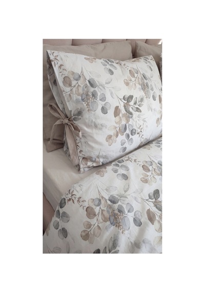 %100 Pamuk Çift Kişilik Okaliptüs Desenli Nevresim Seti 220x200 Cm Bağcıklı 2 Desenli + 2 Düz Beyaz Yastık Kılıfı Bej - 909842495 Bej