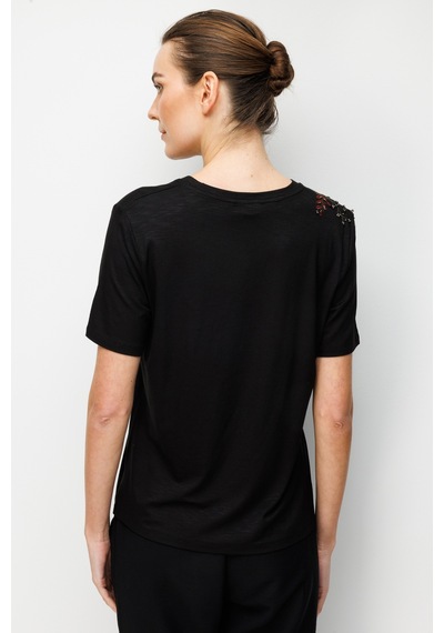 Kadın Sıfır Yaka Tek Omuzu Nakışlı Penye T-shirt Siyah Siyah