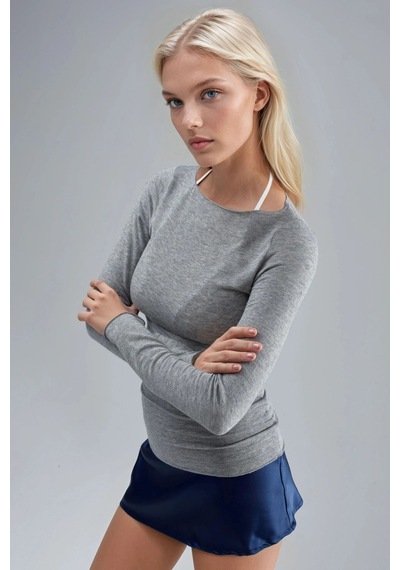 Hiccup Busem Slim Fit Kayık Yaka Bluz Açık Gri