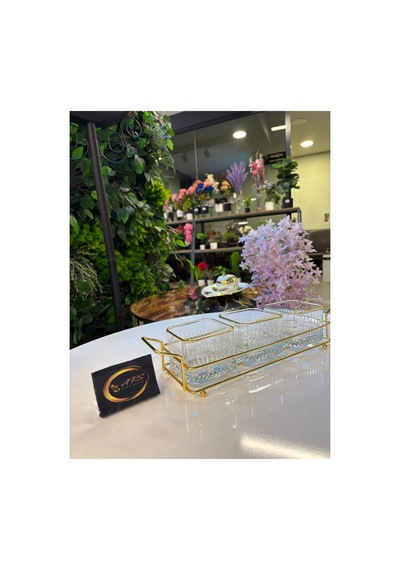 Ars Paşabahçe Elysia Yaldızlı Kare Kase Metal Gold Standlı 3'lü Çerezlik,şekerlik,sunumluk,tabak