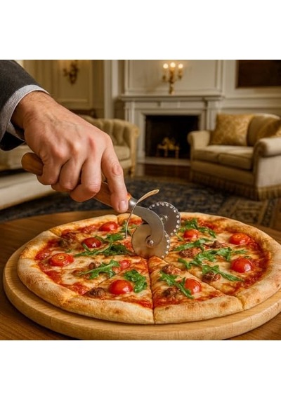 Pizza Ve Hamur Kesici Ahşap Saplı Çift Bıçaklı Paslanmaz Çelik, Düz Ve Tırtıklı Bıçaklı Dilimleyici Profesyonel Mutfak Aracı