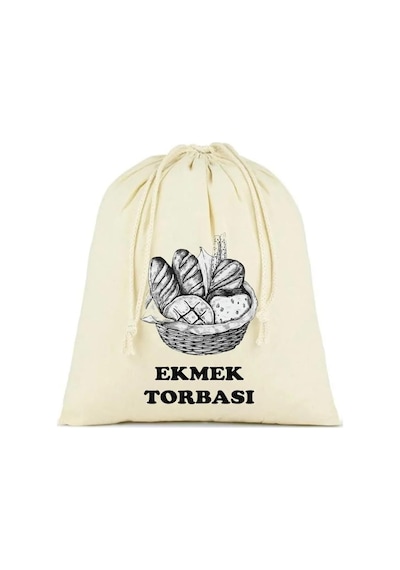 Ekmek Torbası, Pamuk Bez Torba, 40x40 Cm, Baskılı Ekmek Desenli, Krem Rengi 4296