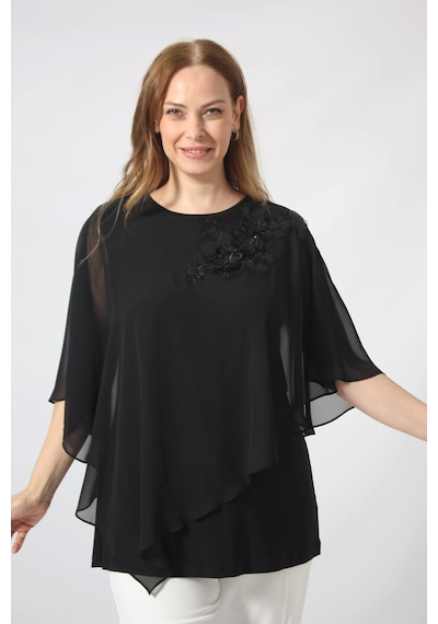 Moda Berray 5040 Pul Payet Aplikli Şifon Kombin Büyük Beden Şık Bluz Siyah
