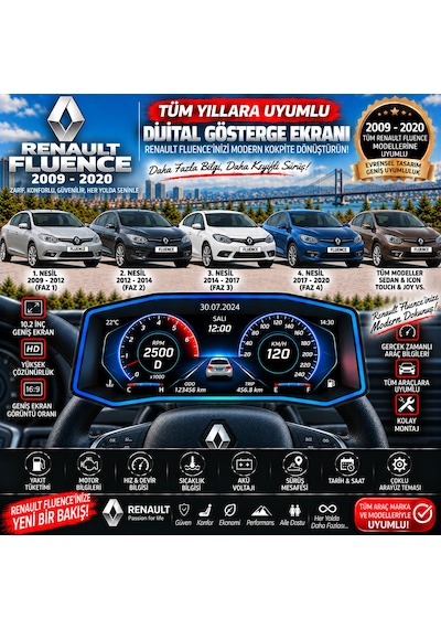 Renault Fluence 2009-2020 Uyumlu Digital Gösterge Odb Ekran Arıza Göstergesi Turbo Gösterge Hayalet Ekran