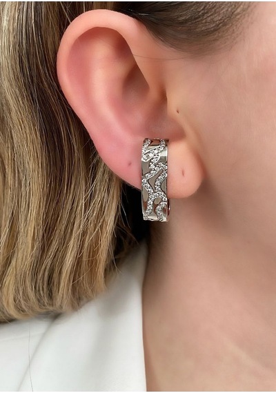 Pinery Jewels Vıp Seri - Kulağa Geçmeli Zirkon Taşlı Kalın Tekli Küpe Altın