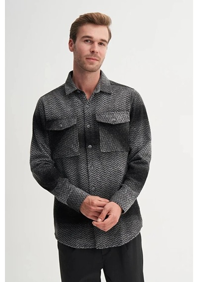 Cazador Regular Fit Cepli Oduncu Desenli Vintage Gömlek-23005 Siyah