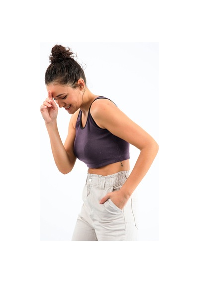 Tommy Life Açık Mor Basic Sıfır Kol Dar Kalıp U Yaka Kadın Crop Top Atlet - 97162 Açık Mor