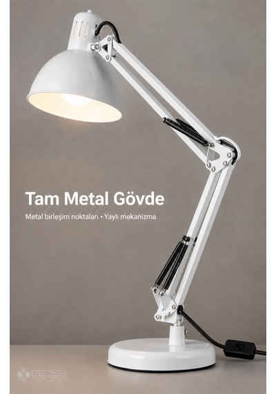 Metal Akrobat Masa Lambası Yaylı 360 Ayarlanabilir E27 Beyaz