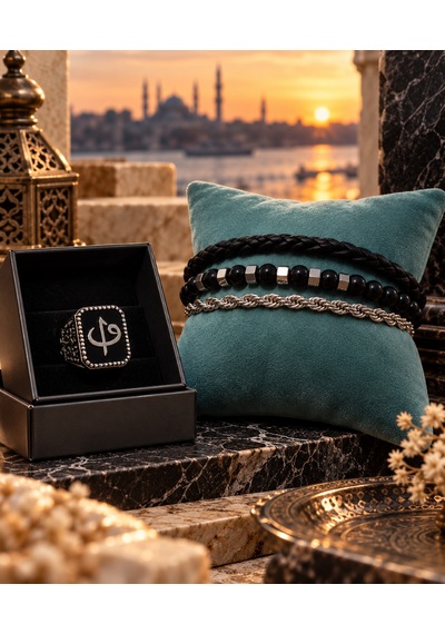 Sevgiliye Hediye Siyah Taşlı Erkek Yüzük Ve Bileklik Takı Seti Çok Renkli