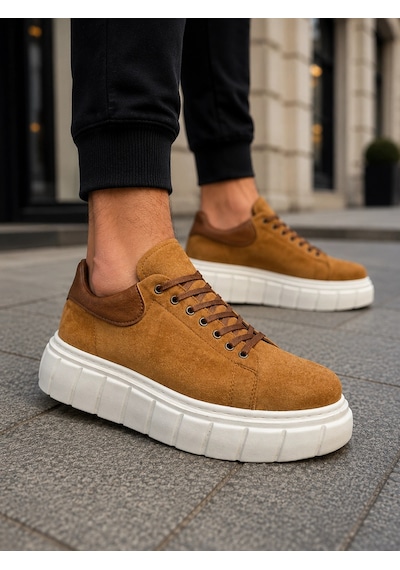 Mevese Ares Bağcıklı Süet Erkek Günlük Sneaker Yüksek Taban Ayakkabı - Taba
