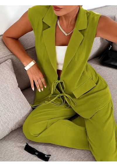 Veraura Lifestyle Kadın Kolsuz Yakalı Önü Bağcıklı Ceket Ve Pantolon Ikili Takım Altın Veraura Lifestyle Kadın Kolsuz Yakalı Önü Bağcıklı Ceket Ve Pantolon Ikili Takım Altın