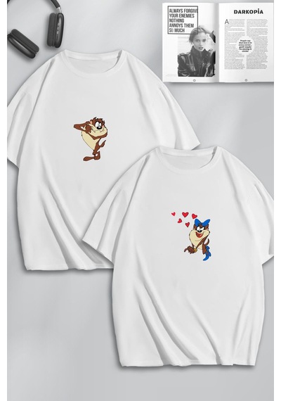 Unisex Kadın Erkek Tazmanya Canavarı Baskılı Sevgili Çift Kombini Tasarım Oversize Tshirt 2'li Beyaz Mck0106 Beyaz