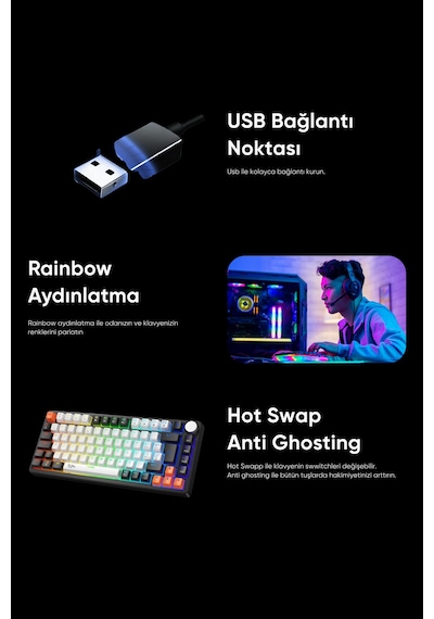 Strike Compact Türkçe Q Mekanik Klavye Kablolu Aydınlatmalı Hot Swap Oyuncu Klavyesi Beyaz