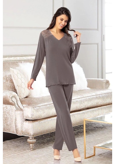 Faal 8618 Kadın Uzun Kollu Dantel Detaylı Pijama Takımı-füme Füme