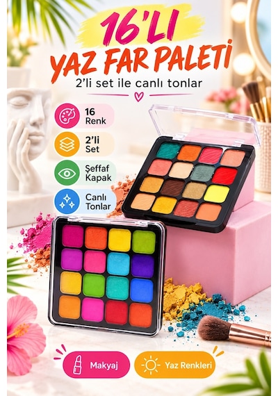 16 Lı Yaz Far Paleti - 2 Li Set Çok Renkli