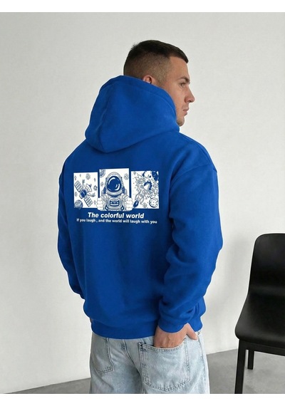 Barlashive Erkek Baskılı Kapüşonlu Cepli Hoodie 3 İplik Pamuklu Sweatshirt - Saks Mavisi Çok Renkli