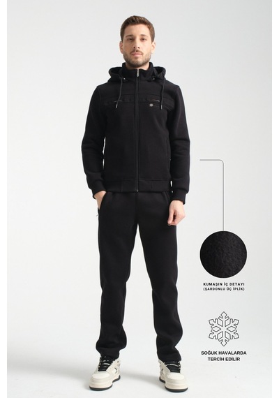 Shooter Sportswear Shooter Kışlık Erkek Eşofman Takımı İçi Şardonlu Kapüşonlu Regular Kalıp Siyah