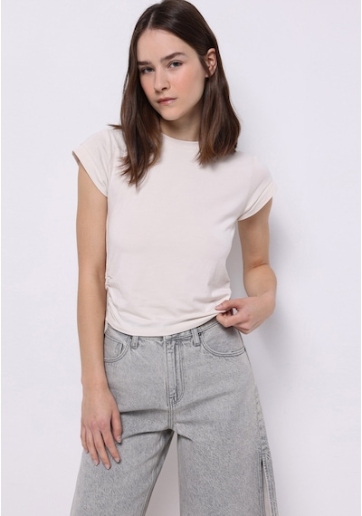 Colins Slim Fit Yuvarlak Yaka Düz Kadın Ekru Kısa Kol Tişört Cl1074571 Q1.v2 Ecr Ekru