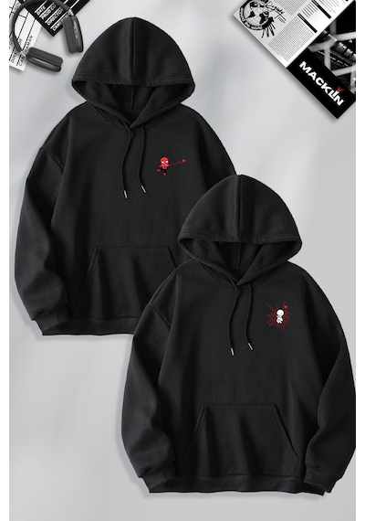 Macklin Sevgili Çift Kombin Spiderman Ve Kız Ağ Baskılı Özel Tasarım Kapüşonlu Sweatshirt 2li Set Takım Siyah Mck1234 Siyah