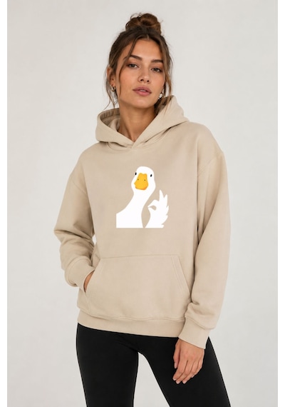 Herkesemoda Ördek Baskılı Kapüşonlu 2 İplik Şardonlu Sweatshirt Bej