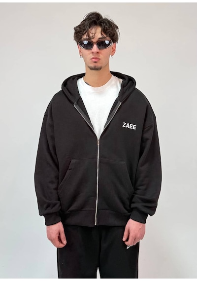 Zaee İnce Kumaş Nakışlı Oversize Premium Zip Hoodie siyah