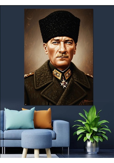 Askeri Kabanlı Mustafa Kemal Atatürk Dekoratif Kanvas - Mdf Ahşap Tablo