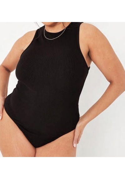 Merlot Büyük Beden Halter Yaka Esnek Çıtçıtlı Örme Body Siyah