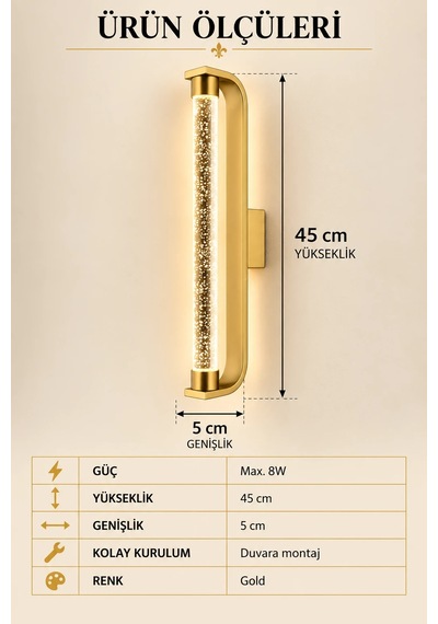 Premıum Modern Gold Led Duvar Apliği 3 Renk Dekoratif Duvar Aydınlatması 8w 45 Cm