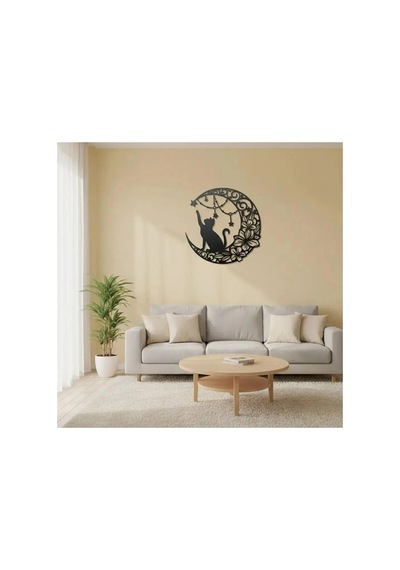 Floral Hilal Ve Kedi Silüeti Dekoratif Metal Tablo - Metal Duvar Sanatı - Krom - 75 X 75 Cm