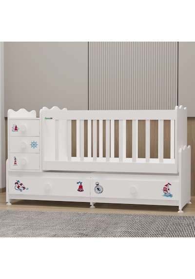 Garaj Home Melina 5 Çekmeceli Büyüyen Mdf Çıtalı Beşik - Denizci Beyaz