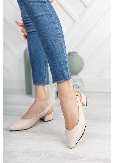 Moda Ayakkabı 0485 Cilt Krem Kadın 5Cm Topuklu  Ayakkabı