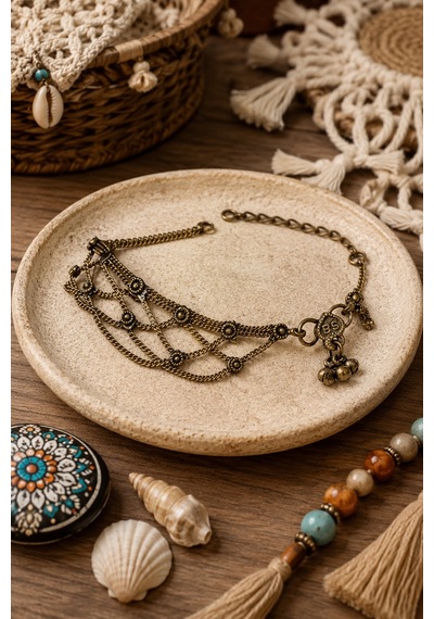 Bohem Antik Bronz Katmanlı Zincir Halhal Etnik Vintage Tasarım Kadın Halhal Çok Renkli