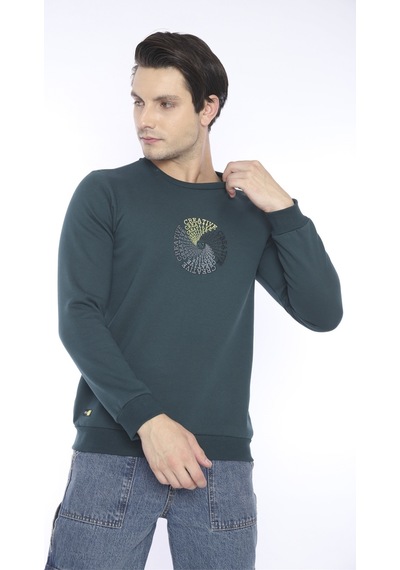 Escetic Erkek Spor Slimfit, Bisiklet Yaka Yeşil Sweatshirt-4266