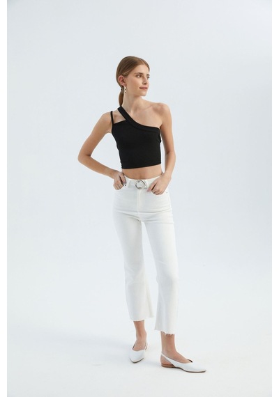 Hiccup Tek Omuzlu Kesik Crop Top Siyah