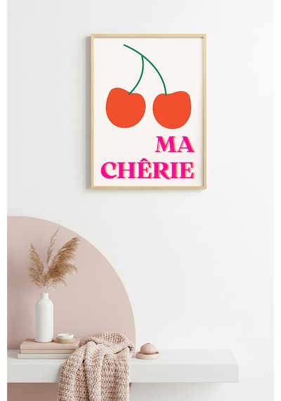 Doğal Ahşap Çerçeveli Retro Kiraz Ma Chérie Tablo - Pembe Tonlar Huhu2408