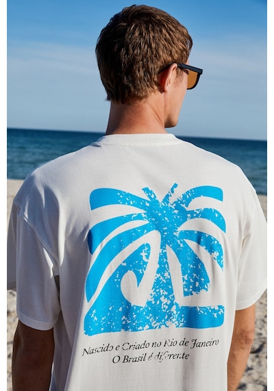 Grımelange Copacabana Erkek Ön Arka Çatlayan Baskı Detaylı %100 Organik Pamuk Oversize Kısa Kollu Beyaz T-shirt