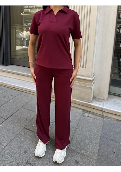 WeShaya Bordo Polyester Keten Polo Yaka Takım Bordo