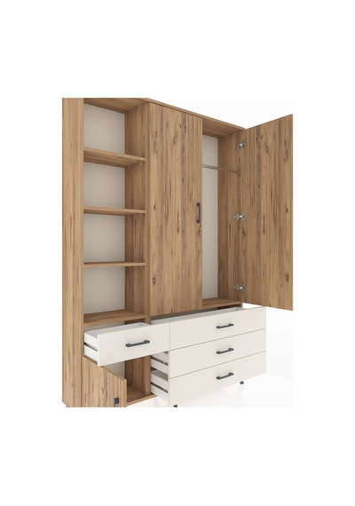 Arges Dolap 5 Raflı 4 Çekmeceli Tek Askılı 132x30x195 Çam-çam... Çam
