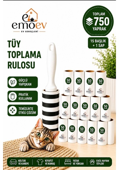 Tüy Toplayıcı Rulo Seti 15 Başlık / Toplam 750 Yaprak - Yüksek Yapışkanlı Kedi Köpek Tüyü, Koltuk Ve Kıyafet Temizleme Rulosu