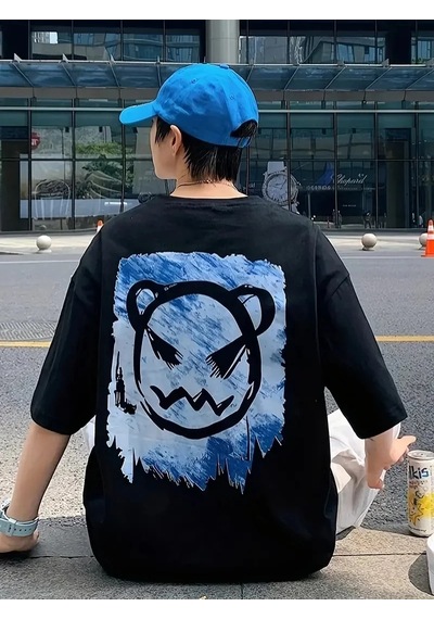 Erkek Tişört Bisiklet Yaka Kore Tarzı Baskı Kısa Kol T-shirt - Siyah
