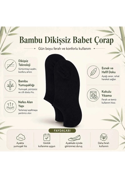 Genel Erkek Bambu 12 Li Dikişsiz Babet Çorap Siyah Beyaz Gri Görünmez Sneaker Çorap Siyah 12'li / 39-44