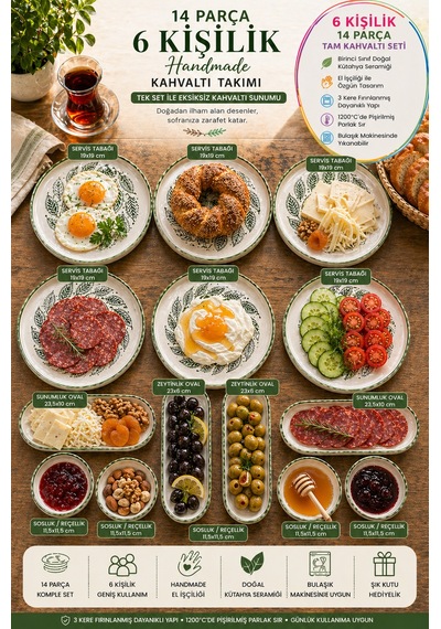 14 Parça 6 Kişilik Handmade Yaz Desen Kahvaltı Takımı - Lüx Kahvaltılık Sunum Seti Diğer